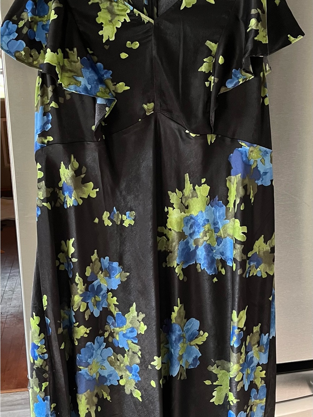 Time and Tru Black Floral Midi Dress with Blue and Green Print